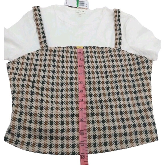 Self Esteem Women's Juniors' Printed Layer-Look Top Beige Large Plaid Coord New - Picture 6 of 16